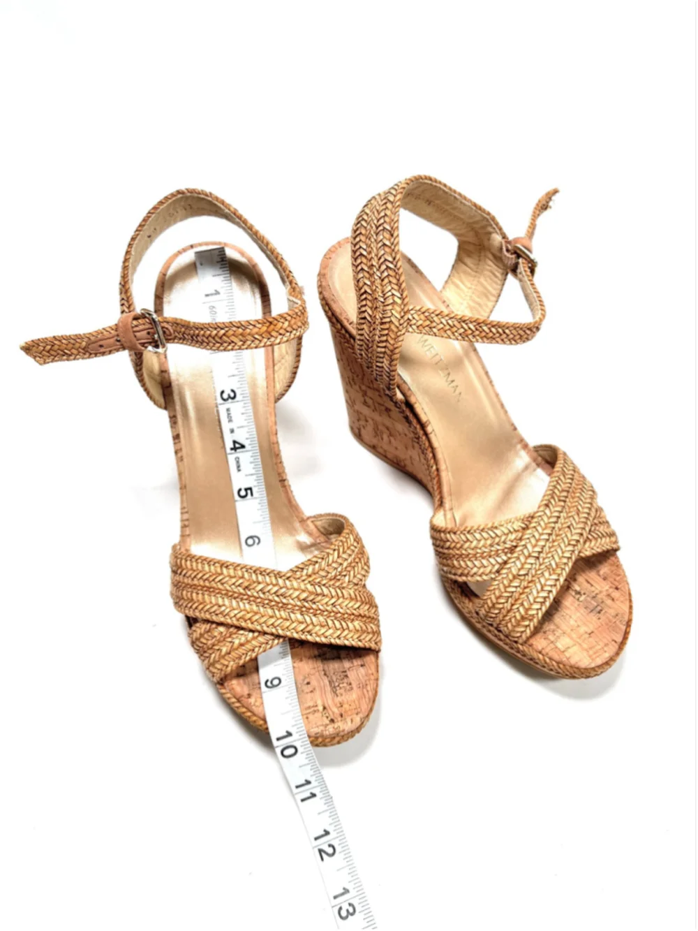 Stuart Weitzman Womans Wedge Cork Sandals Size 8.5 Beige Tan